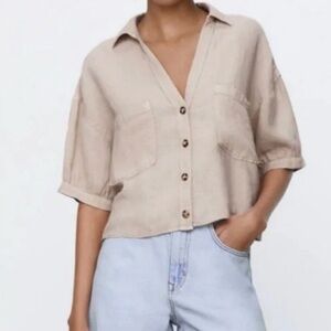 Zara Button Front Cropped Linen Top Beige Size Small Short Sleeve Neutral Boxy